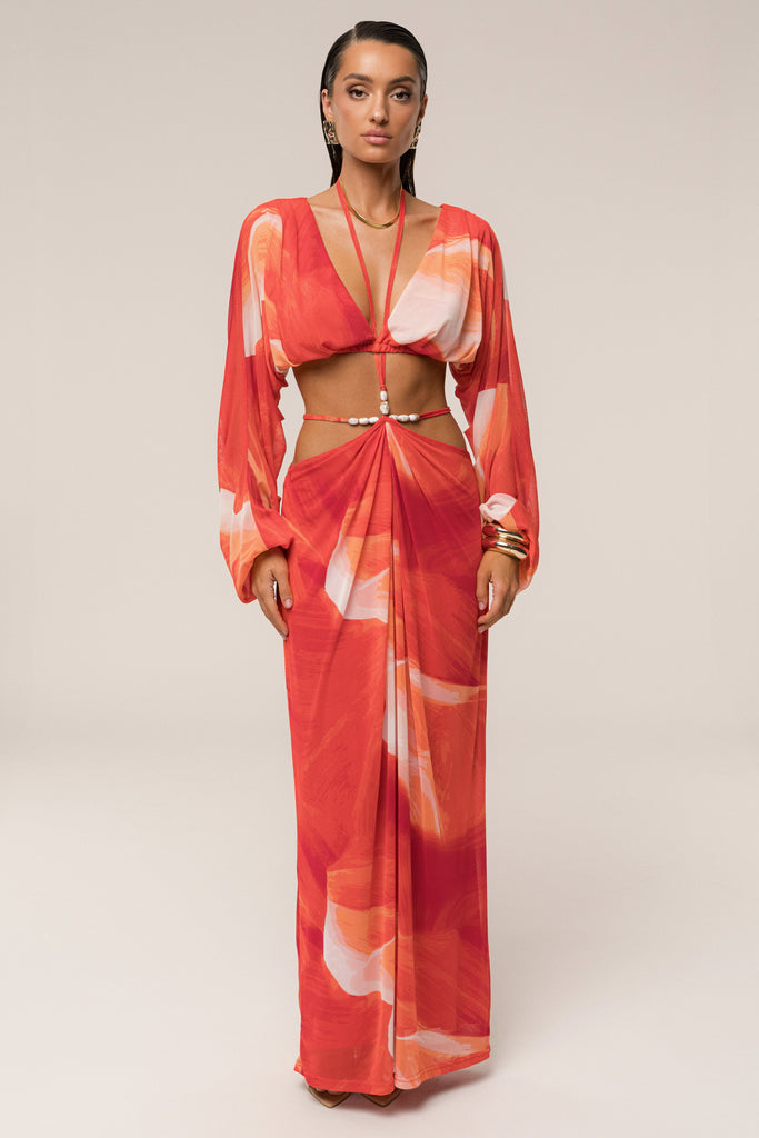 PRE-ORDER Sunset Red Hera Draped Maxi Skirt