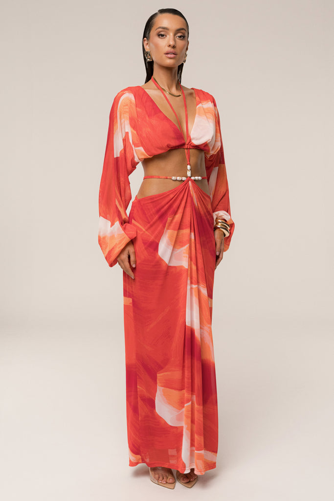 PRE-ORDER Sunset Red Hera Draped Maxi Skirt