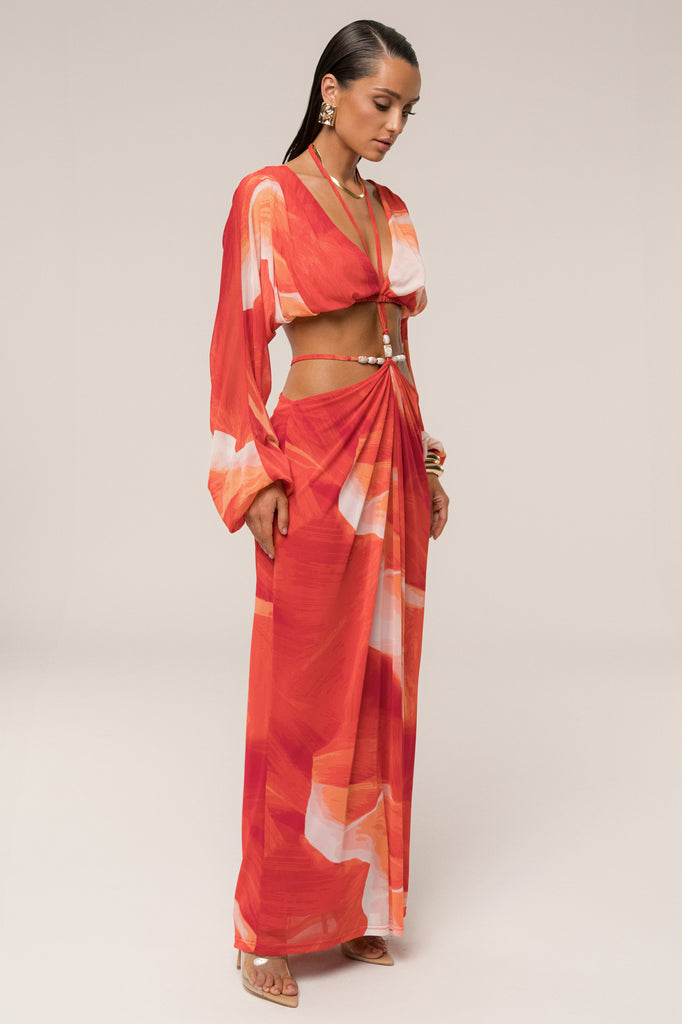 PRE-ORDER Sunset Red Hera Draped Maxi Skirt