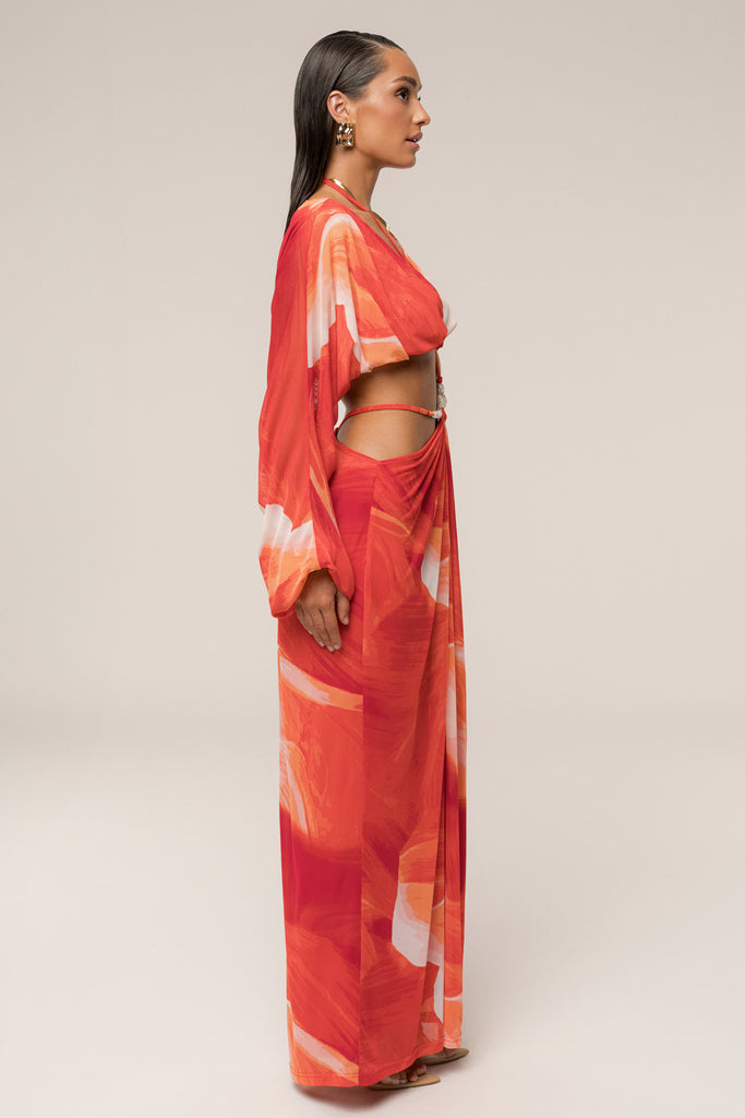 PRE-ORDER Sunset Red Hera Draped Maxi Skirt
