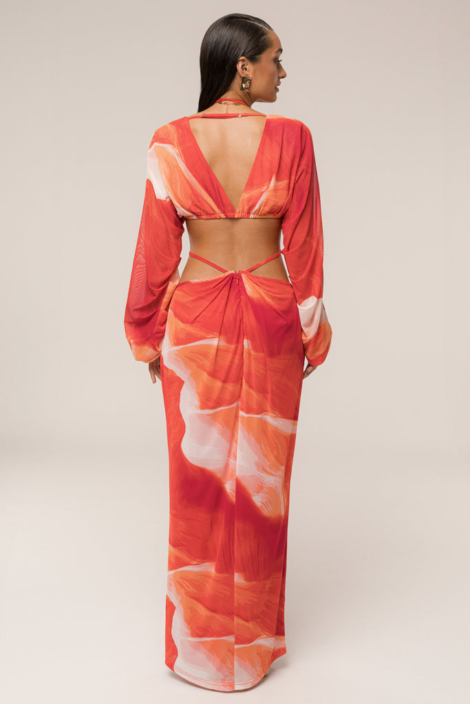 PRE-ORDER Sunset Red Hera Draped Maxi Skirt
