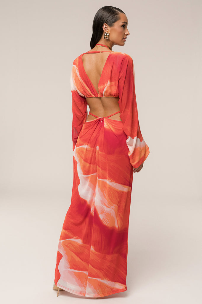 PRE-ORDER Sunset Red Hera Draped Maxi Skirt