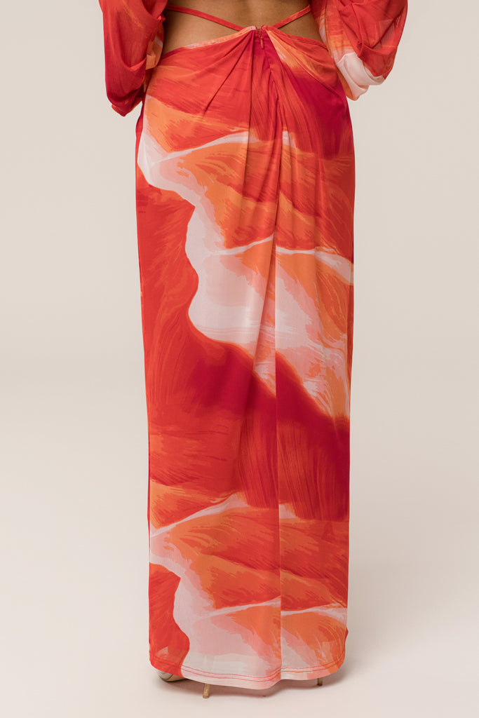 PRE-ORDER Sunset Red Hera Draped Maxi Skirt