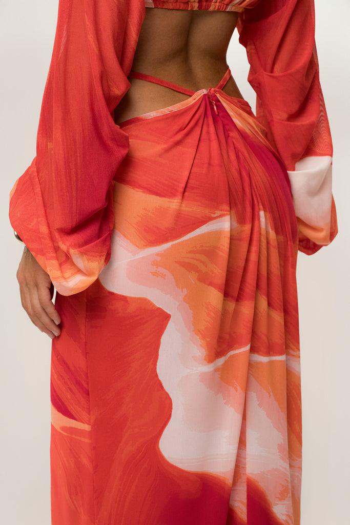 PRE-ORDER Sunset Red Hera Draped Maxi Skirt