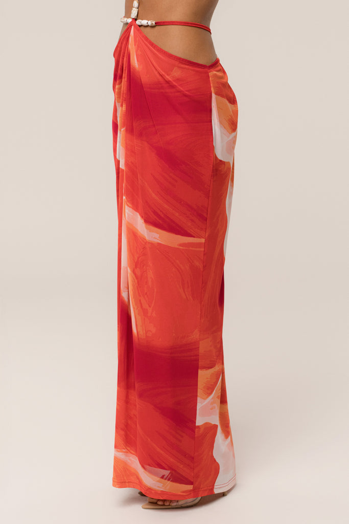 PRE-ORDER Sunset Red Hera Draped Maxi Skirt