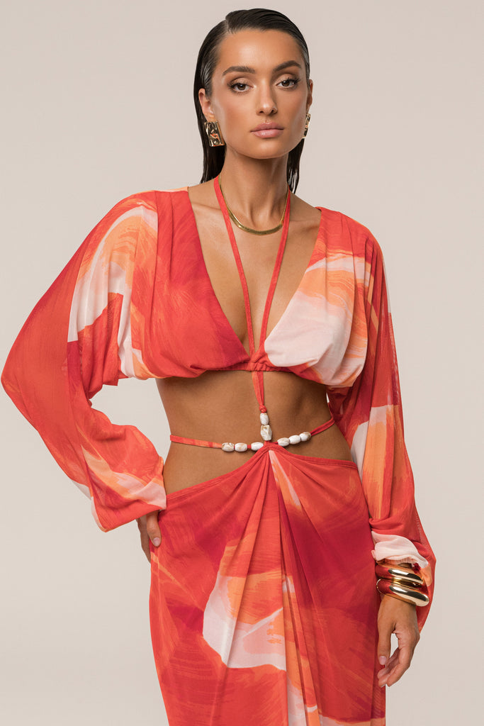 PRE-ORDER Sunset Red Hera Draped Maxi Skirt