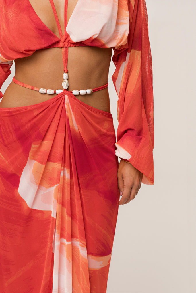 PRE-ORDER Sunset Red Hera Draped Maxi Skirt