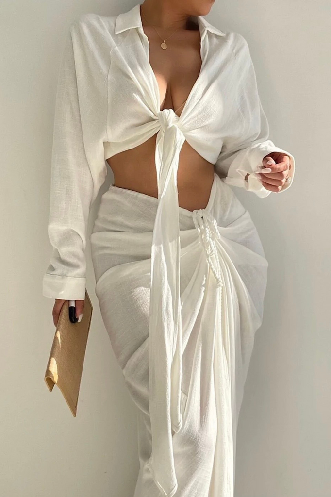 White Noelia Linen Slit Skirt